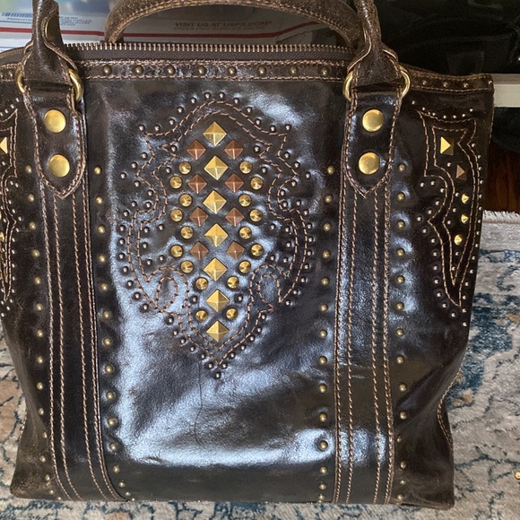 Frye Handbags - FRYE XL PHOENIX DECO STUDDED CHOCOLATE TOTE